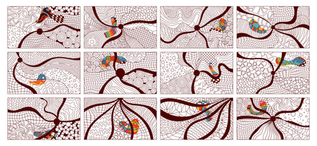 Set of psychedelic coloring pages checkerboards and different shapes.