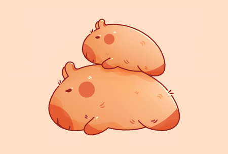 Kawaii cutie mother capybara with her baby sleeping on the back.のイラスト素材