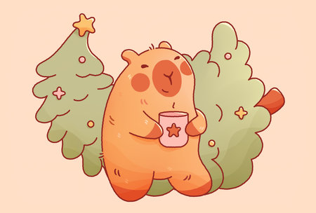 Kawaii Christmas capybara with New Year Tree star toy and hot drink.のイラスト素材