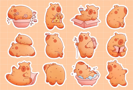 Childish plushy capybaras set. 12 cute animals with book pizza pillow bed bath backpack.のイラスト素材