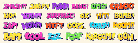 Group of Speech bubbles texts Smash Snap Pow Bang Omg Crack No Yeah Surprise Ok Hit Bomb Zap Wow Wtf...