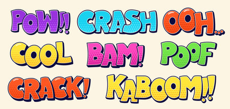 Speech bubbles pack with Ooh Crack Bam Cool worlds and halftone elements. Color cartoon comic illustrations.のイラスト素材