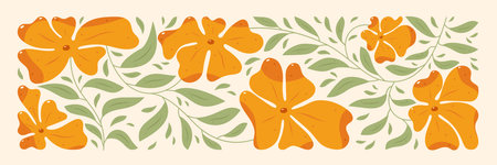 Groovy Y2K mural with wavy 70s yellow daisies and leaves.のイラスト素材