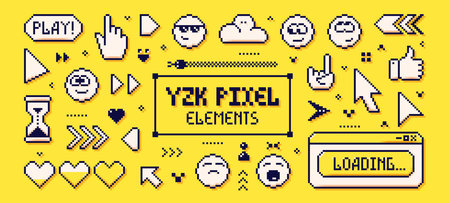 Pixel Y2K user interface elements. Cute emoji faces, arrows of various shapes, browser windows, and...