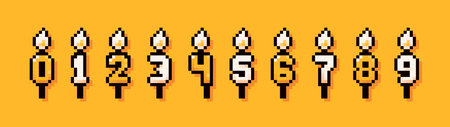 A set of pixel art birthday cake candles. Numbers from zero to nine for any date.