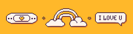 Pixel art UI elements. Rainbow, speech bubble with text I love you and adhesive plaster on yellow...