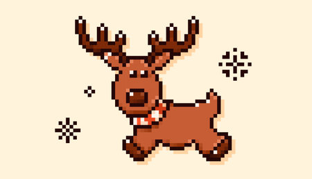 Pixel art Christmas reindeer with snowflakes and red scarf.のイラスト素材