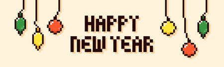 Pixel art banner with Happy New Year text and color garland.のイラスト素材