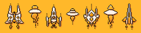 Pixel art set with spaceships and UFOs. 8-bit yellow and white elements.