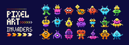 Pixel art color characters invaders. 8-bit game images of monsters. Set with cute aliens.のイラスト素材