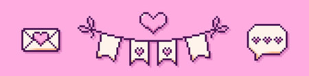 Pixel art speech bubble, envelop with heart, party bunting.