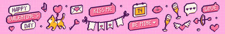 Pixel art Happy Valentines Day 3d elements. Cute cat with balloon, speech bubbles with love phrases, bow and arrows, emoji on pink backgrounds.のイラスト素材