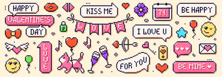 Pixel art love color elements. Cute pink cat with balloon, speech bubbles and love phrases, bow and arrows, emoji.のイラスト素材