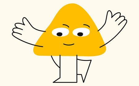 A cheerful yellow geometric figure face shaped like a triangle, with big eyes, eyebrows, arms and little legs.のイラスト素材