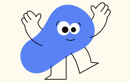 Friendly blue geometric figure face, happy waving arms with a smile and big eyes.のイラスト素材