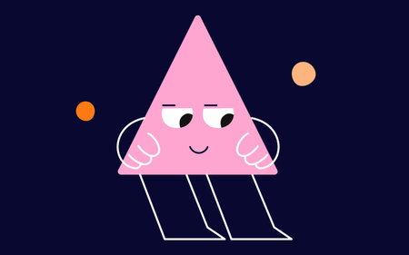 Pink geometric figure face in a triangle shaped, with big eyes, eyebrows, arms and legs.