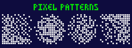Pixel art white circle and square shape scattered patterns.