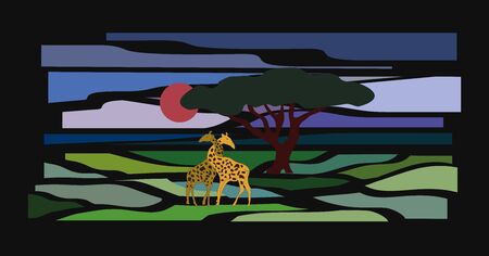 Lovers giraffes under a treeのイラスト素材