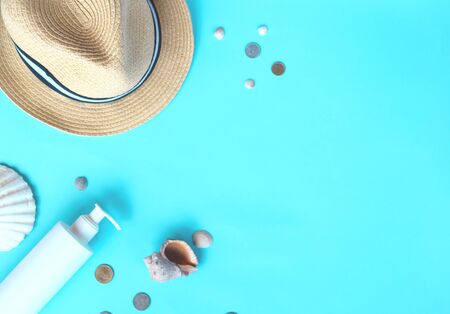 Travel accessories on a blue background with a place for an inscription. flat layの写真素材