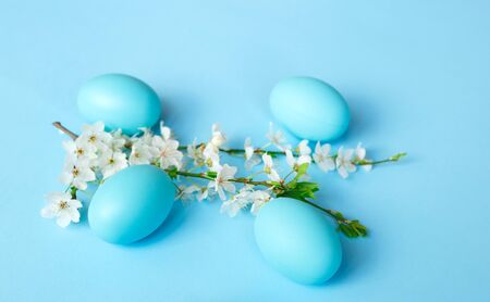White spring branch of flowers with easter eggs on a blue background.の写真素材