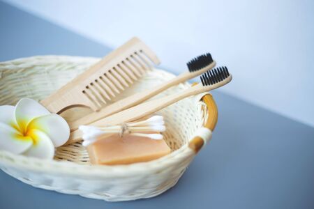 The concept of zero waste. bamboo toothbrush, solid shampoo and manstera sheet.の写真素材