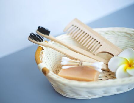 The concept of zero waste. bamboo toothbrush, solid shampoo and manstera sheet.の写真素材
