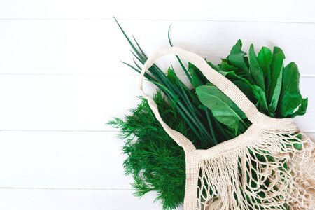 Package-free food shopping. Eco friendly natural bag with organic herbs. Zero waste concept.の写真素材