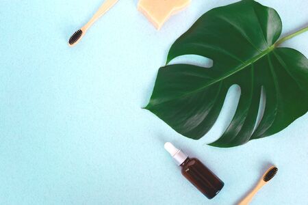 The concept of zero waste. bamboo toothbrush, solid shampoo and manstera branch.の写真素材