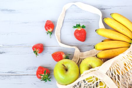 Package-free food shopping. Eco friendly natural bag with organic fruits. Zero waste concept.の写真素材