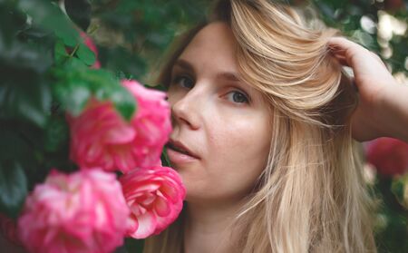 blond woman smiling in a flowering bush of pink roses.の写真素材