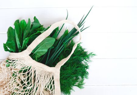 Package-free food shopping. Eco friendly natural bag with organic herbs. Zero waste concept.の写真素材