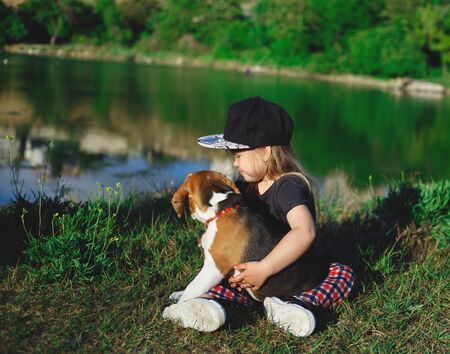 little girl hugs a cute beagle puppy.の写真素材