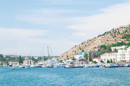 view of the bay with a pier for boats and yachts.の写真素材