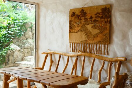 Handmade wooden table and chair. rest zone.の写真素材