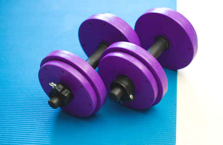 two purple dumbbells on a green mat. sports accessories.の写真素材