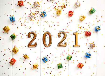 small boxes with gifts in sequins. happy new year conceptの写真素材