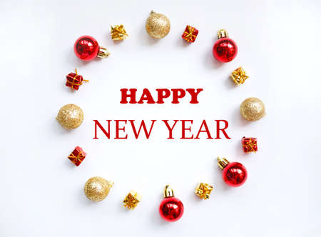 circle of boxes with gifts and Christmas decorations. happy new yearの写真素材