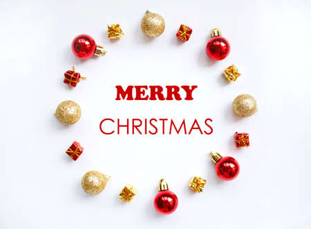 circle of small boxes with gifts and Christmas decorations. happy new year concept.の写真素材