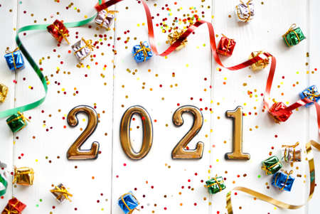 small boxes with gifts in sequins. happy new year concept.の写真素材