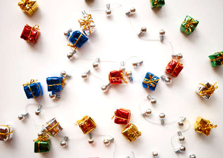 small boxes with gifts and Christmas decorations. happy new year concept.の写真素材