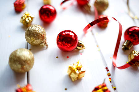 small boxes with gifts and Christmas decorations. happy new year concept.の写真素材
