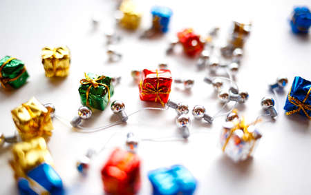 small boxes with gifts and Christmas decorations. happy new year concept.の写真素材