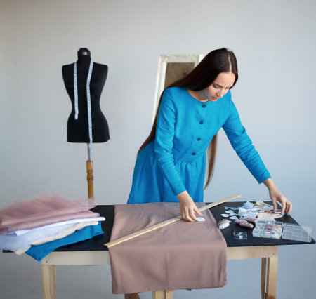 young beautiful seamstress and manikin at her workplace.の写真素材