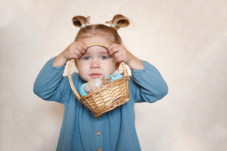 little girl in a blue dress with a basket of Easter eggs.の写真素材