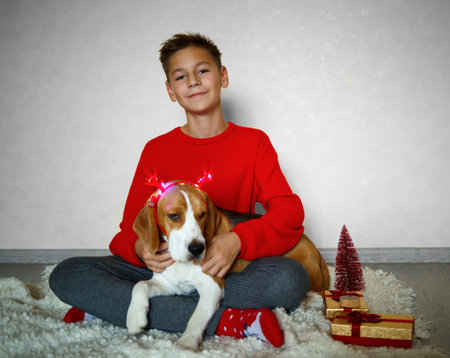 boy hugs a dog in reindeer horns sitting on a blanket.の写真素材