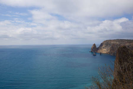 seascape. ocean mountains and clouds. view from aboveの写真素材