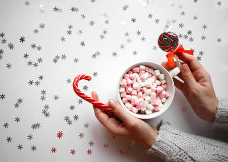 beautiful female hands hold a cup of cocoa with marshmallows. view from above.の写真素材