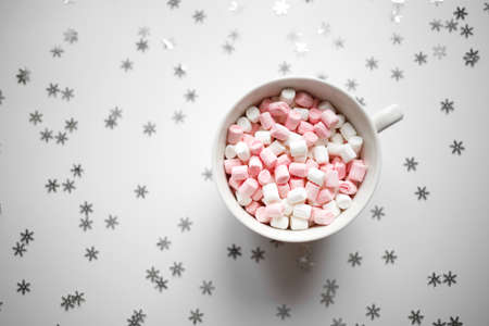 large white cup with marshmallows top view.の写真素材