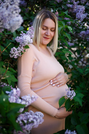 young pregnant woman tenderly hugs her belly surrounded by lilac flowers.の写真素材