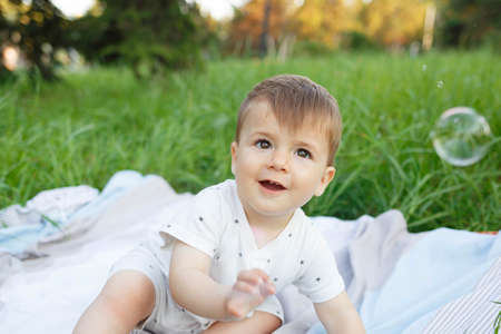 little cute baby sits on a blanket in the park on a green lawn.